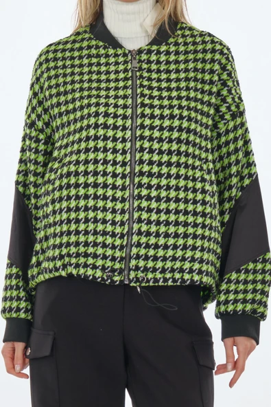 Unique Mode Oversize Houndstooth Desenli Fermuarlı Kadın Ceket - Günlük Şıklık - 3