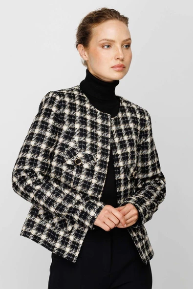 Ekol Minimalist Kareli Uzun Kol Kadın Ceket - Şık ve Zarif - 6