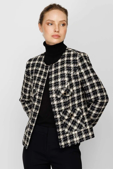 Ekol Minimalist Kareli Uzun Kol Kadın Ceket - Şık ve Zarif - 4