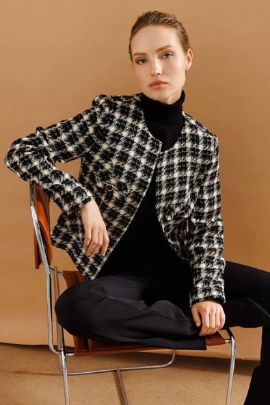 Ekol Minimalist Kareli Uzun Kol Kadın Ceket - Şık ve Zarif - 3