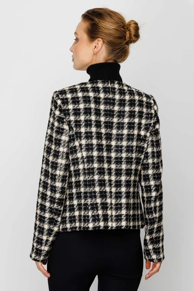 Ekol Minimalist Kareli Uzun Kol Kadın Ceket - Şık ve Zarif - 5