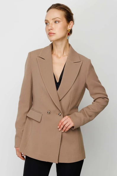 Ekol Minimalist Çift Düğmeli Uzun Kol Kadın Ceket - Günlük & İş - 3