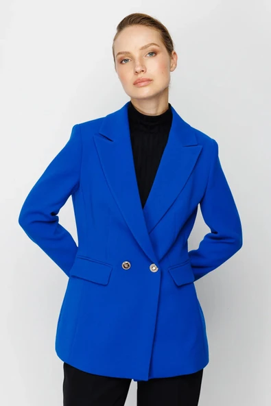 Ekol Minimalist Çift Düğmeli Uzun Kol Kadın Ceket - Günlük & İş - 8