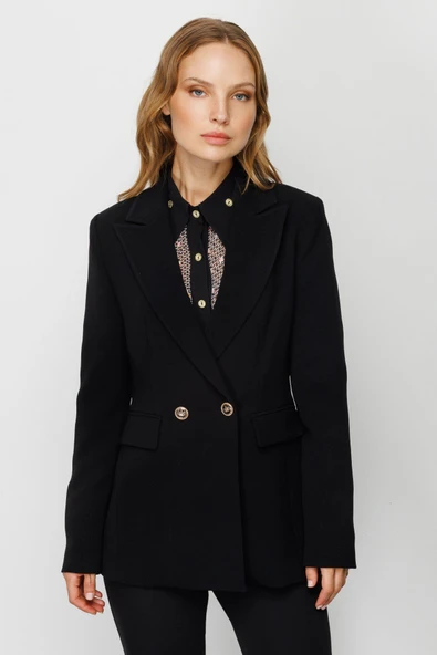 Ekol Minimalist Çift Düğmeli Uzun Kol Kadın Ceket - Günlük & İş - 11