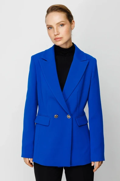 Ekol Minimalist Çift Düğmeli Uzun Kol Kadın Ceket - Günlük & İş - 6