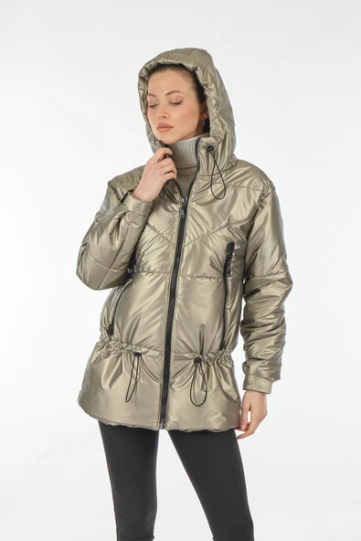 Ekol Oversize Kapüşonlu Midi Şişme Mont - Kışlık Kadın Giyim - 6