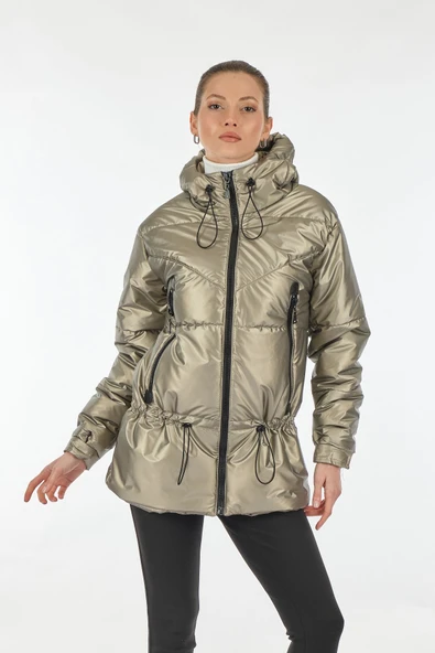 Ekol Oversize Kapüşonlu Midi Şişme Mont - Kışlık Kadın Giyim - 3