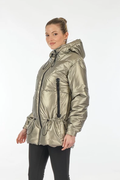 Ekol Oversize Kapüşonlu Midi Şişme Mont - Kışlık Kadın Giyim - 4