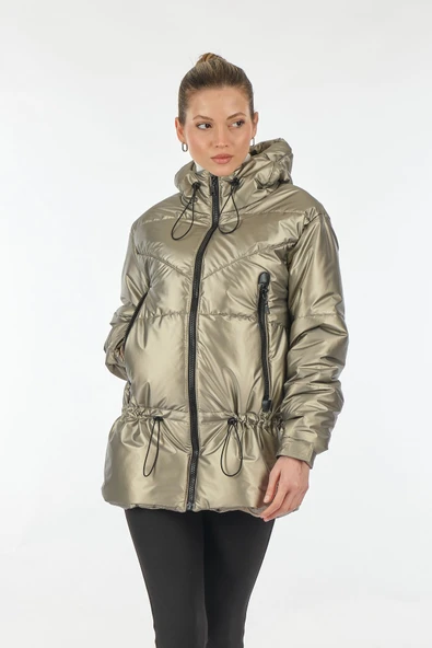 Ekol Oversize Kapüşonlu Midi Şişme Mont - Kışlık Kadın Giyim