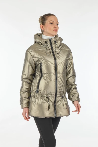 Ekol Oversize Kapüşonlu Midi Şişme Mont - Kışlık Kadın Giyim - 5