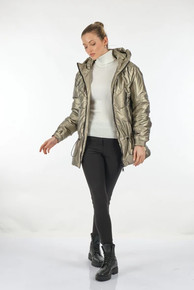 Ekol Oversize Kapüşonlu Midi Şişme Mont - Kışlık Kadın Giyim - 7