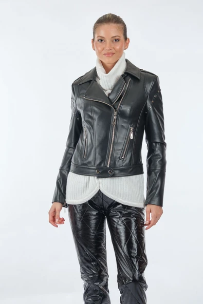 Ekol Kadın Deri Mont - Minimalist Uzun Kol - Günlük Şıklık - 2