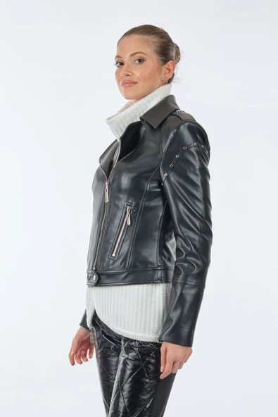 Ekol Kadın Deri Mont - Minimalist Uzun Kol - Günlük Şıklık - 5