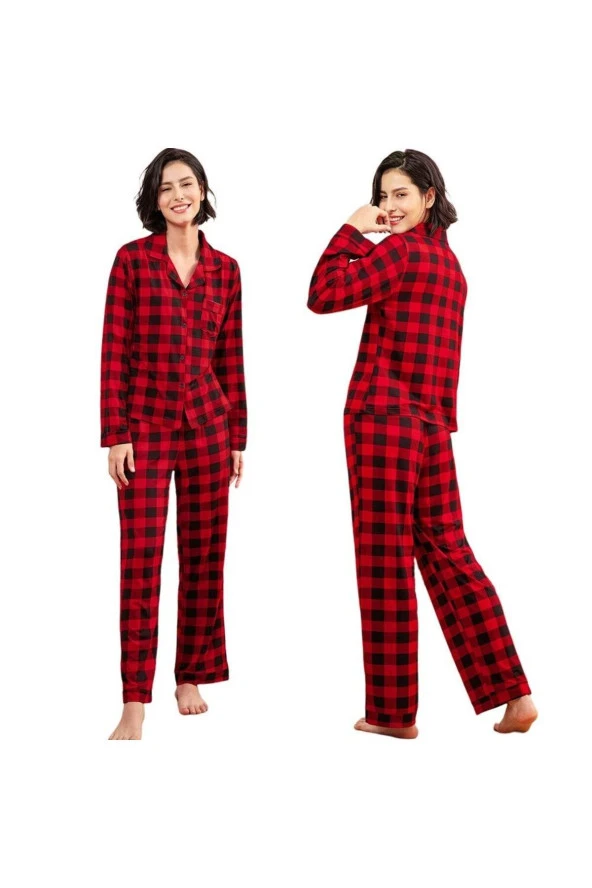 Kadın Ekose Pijama Takımı Kırmızı Ev Rahat Servis İki Parça Set
