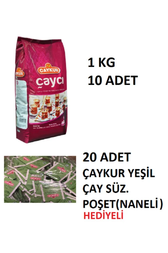 ÇAYCI 1KG X 10 ADET + 20 ADET ÇAYKUR YEŞİL BARDAK POŞET ÇAY NANELİ HEDİYELİ