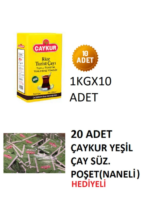 Turist Çayı Rize 1 kg'lık 10 adet Toplam 10 kilo + Çaykur 20 adet Yeşilçay Naneli Hediyelidir
