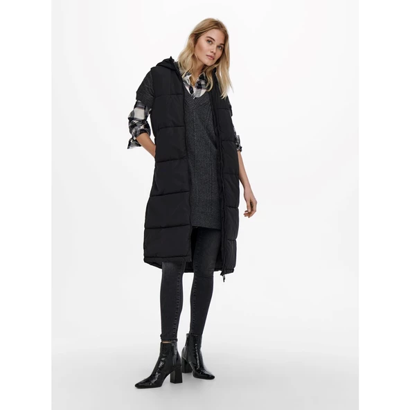 Only Kapüşonlu Midi Oversize Yelek - Günlük Şıklık