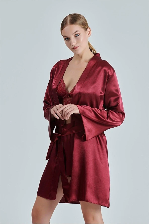 Bordo Saten Çeyiz Seti 6 Parça Dantelli Sabahlık Gecelik Pijama Şortlu Takım - Resim 2