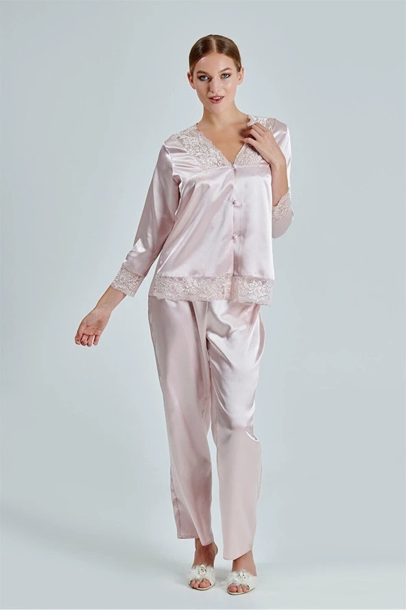 Pudra Saten Çeyiz Seti 6 Parça Dantelli Sabahlık Gecelik Pijama Şortlu Takım - Resim 3