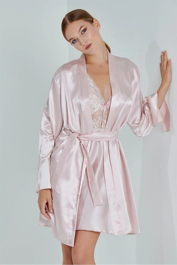 Pudra Saten Çeyiz Seti 6 Parça Dantelli Sabahlık Gecelik Pijama Şortlu Takım