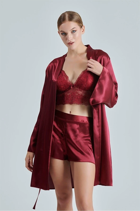 Bordo Saten Çeyiz Seti 6 Parça Dantelli Sabahlık Gecelik Pijama Şortlu Takım ürün görseli