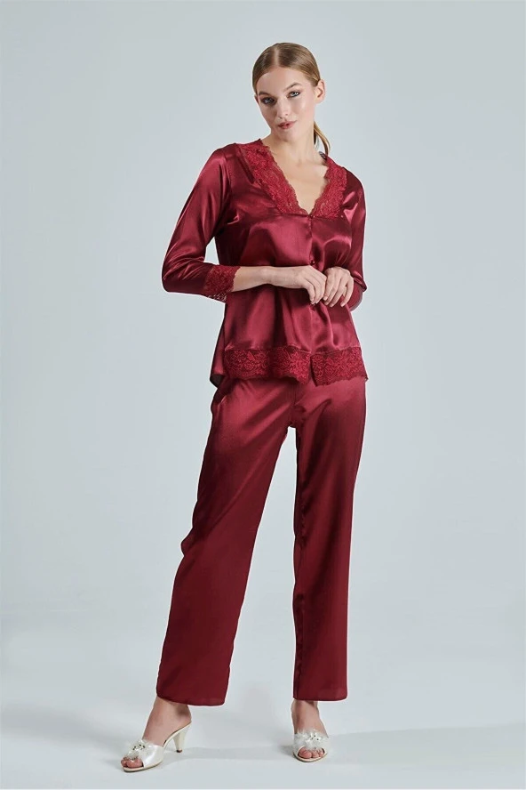 Bordo Saten Çeyiz Seti 6 Parça Dantelli Sabahlık Gecelik Pijama Şortlu Takım - Resim 4