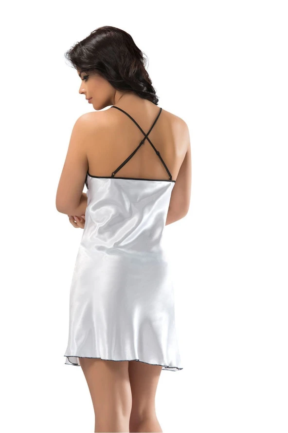 Beyaz Saten Gecelik, Siyah Dantelli Gecelik - Resim 2