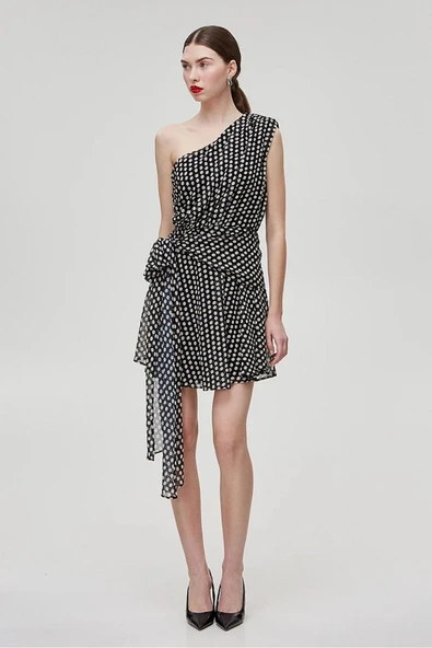Bsb Tek Omuz Mini Puantiyeli Şifon Elbise - Yazlık, Parti - Resim 2
