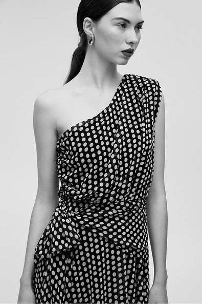 Bsb Tek Omuz Mini Puantiyeli Şifon Elbise - Yazlık, Parti - Resim 3