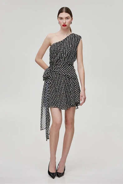 Bsb Tek Omuz Mini Puantiyeli Şifon Elbise - Yazlık, Parti - Resim 5