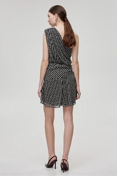 Bsb Tek Omuz Mini Puantiyeli Şifon Elbise - Yazlık, Parti - Resim 6