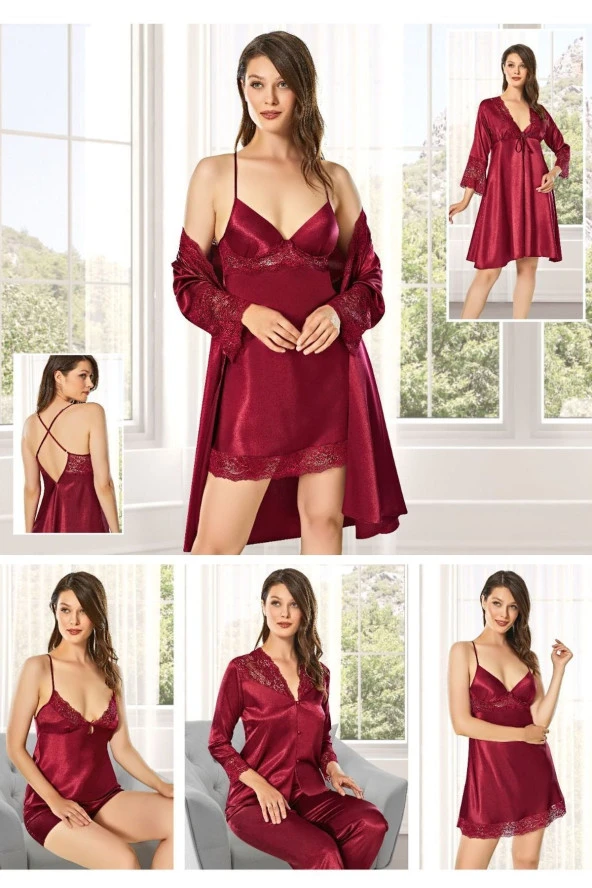 Kadın Saten Çeyiz Seti 6 Parça Dantelli Sabahlık Gecelik Pijama Şortlu Takım ürün görseli 1