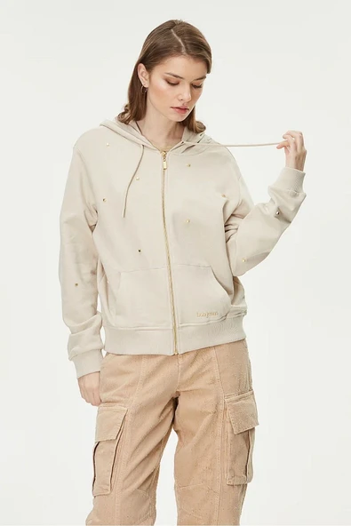 Bsb Jeans Oversize Kapüşonlu Fermuarlı Kadın Sweatshirt - Minimalist Tasarım - 2
