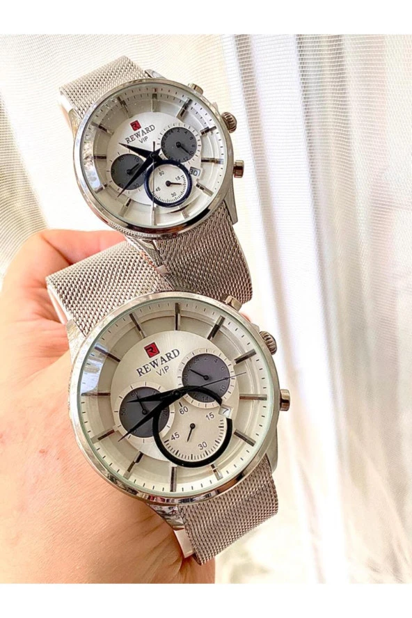 Hasır Çelik Kordon Takvimli Fonksiyonlu Gümüş Renk Sevgili Çift Saat Kombin ürün görseli 1