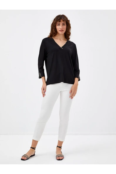 Faik Sönmez Kadın Minimalist Oversize V Yaka 3/4 Kol Bluz - 5