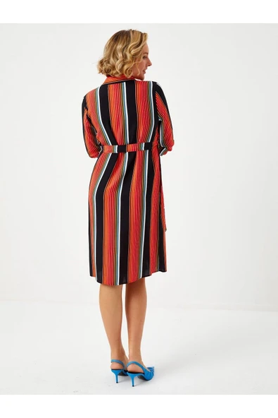 Faik Sönmez Midi Gömlek Elbise - Çizgili Desen - Minimalist Stil - 4