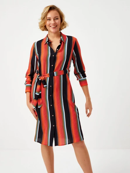 Faik Sönmez Midi Gömlek Elbise - Çizgili Desen - Minimalist Stil - 1