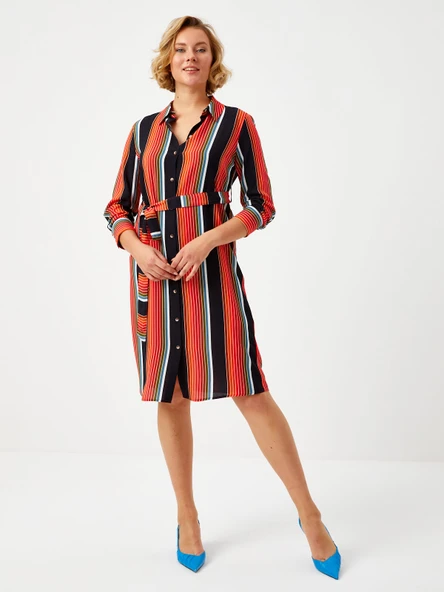 Faik Sönmez Midi Gömlek Elbise - Çizgili Desen - Minimalist Stil - 6