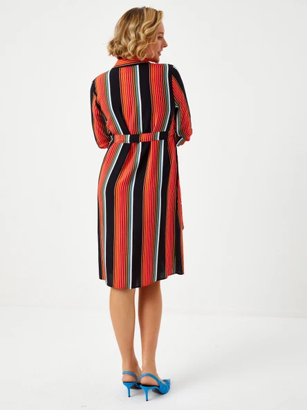 Faik Sönmez Midi Gömlek Elbise - Çizgili Desen - Minimalist Stil - 8