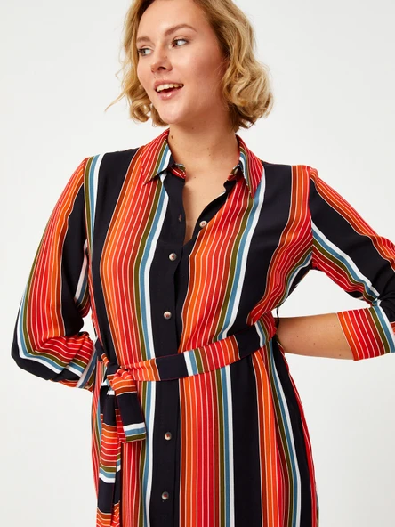 Faik Sönmez Midi Gömlek Elbise - Çizgili Desen - Minimalist Stil - 9