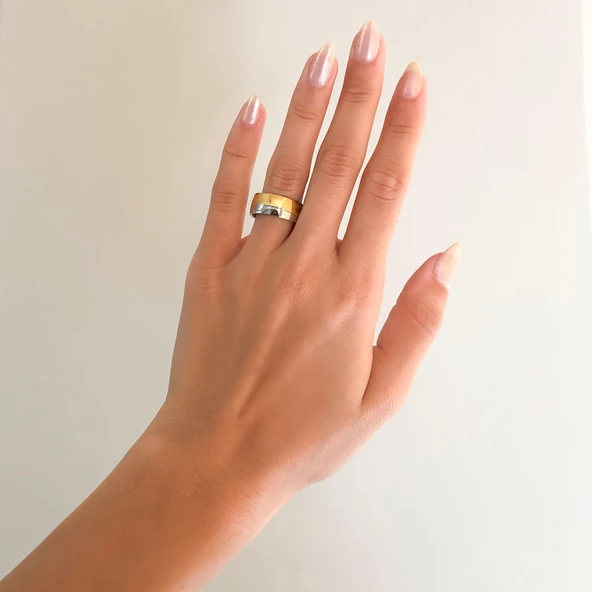 Çelik Alyans Yüzük Altın Kaplama Cift Renk Düz Model YZK-392 - Resim 2