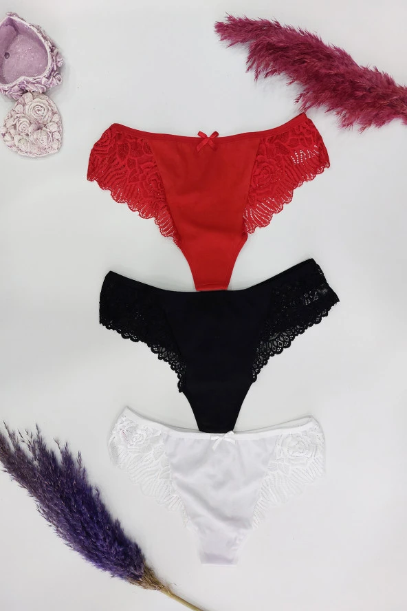 3'lü Dantelli Kadın Külot Üçgen Kalıp Tanga Kadın Külot ürün görseli