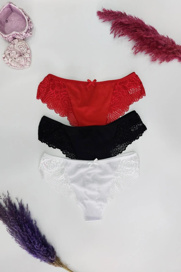 3'lü Dantelli Kadın Külot Üçgen Kalıp Tanga Kadın Külot - Resim 3