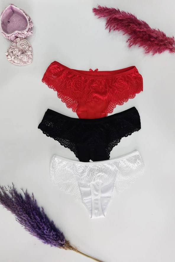 3'lü Dantelli Kadın Külot Üçgen Kalıp Tanga Kadın Külot - Resim 4