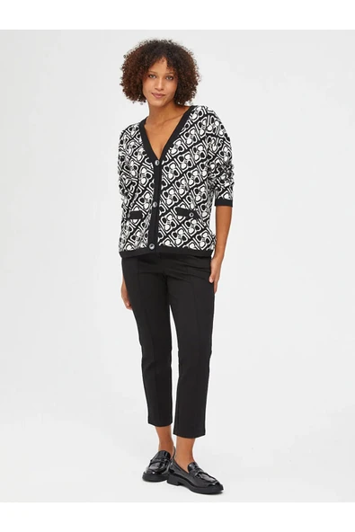 Faik Sönmez V Yaka Geometrik Desenli Kadın Hırka - Uzun Kol - 2