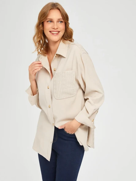 Faik Sönmez Oversize Uzun Kol Gömlek Yaka Kadın Tunik - Minimalist Tasarım - 9