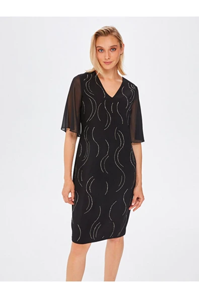 Faik Sönmez V Yaka 3/4 Kol Midi Şifon Elbise - Minimalist Tasarım