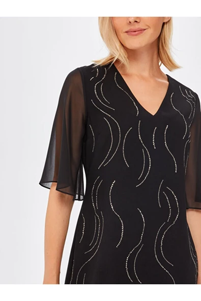 Faik Sönmez V Yaka 3/4 Kol Midi Şifon Elbise - Minimalist Tasarım - 4