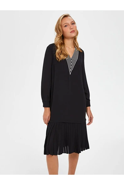 Faik Sönmez V Yaka Pileli Midi Elbise - Şifon Kumaş - Günlük & Ofis ürün görseli 1