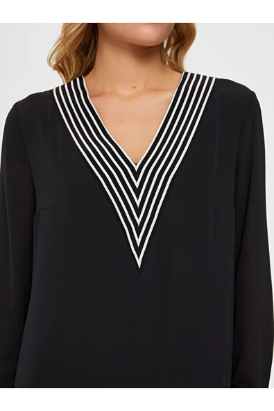 Faik Sönmez V Yaka Pileli Midi Elbise - Şifon Kumaş - Günlük & Ofis - Resim 4